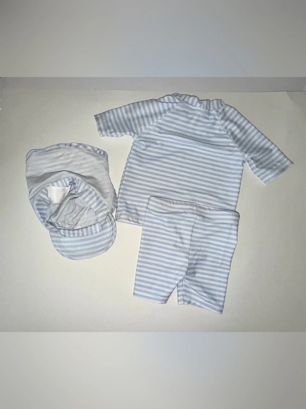 H&M Baby Blue & White Striped Swim Suit Set with Hat 9-12 months